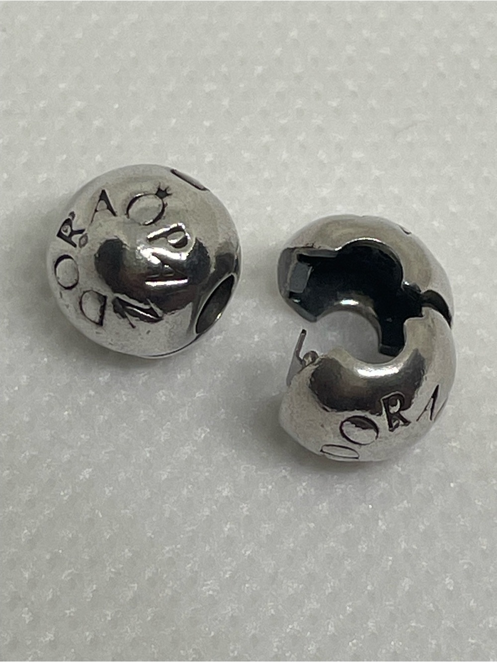 Pandora Logo Clip Bead Charm Pair Sterling Silver Authentic